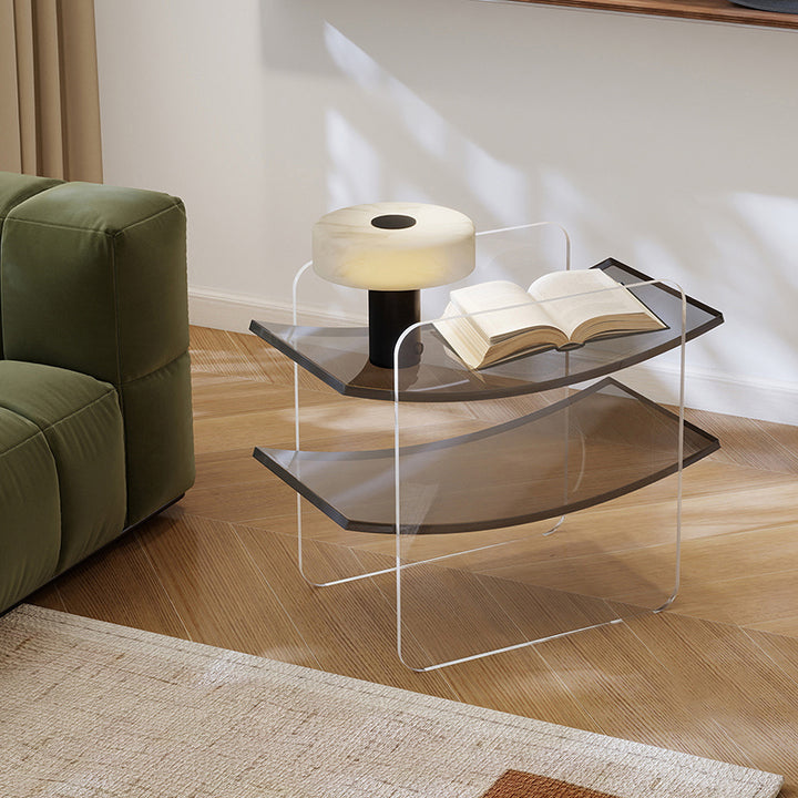 Moderner minimalistischer Acryl-Beistelltisch in doppelter U-Form mit 2 offenen Ablagen für Wohnzimmer, Schlafzimmer und Balkon 