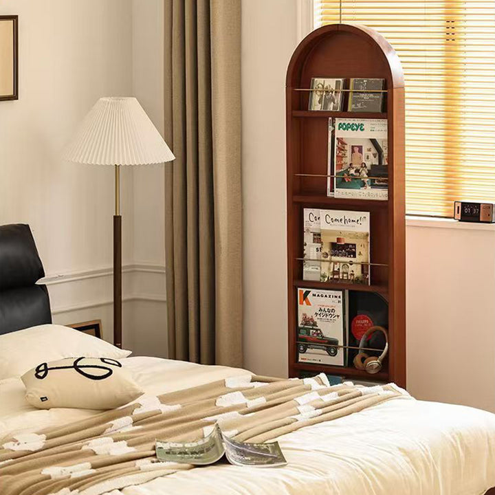 Zeitgemäßes Retro-Aufbewahrungsregal aus Massivholz, Sperrholz, Aluminiumlegierung und Glas in Bogenform, 5-stufige Aufbewahrung mit Spiegel und Rollen für Wohnzimmer und Schlafzimmer 