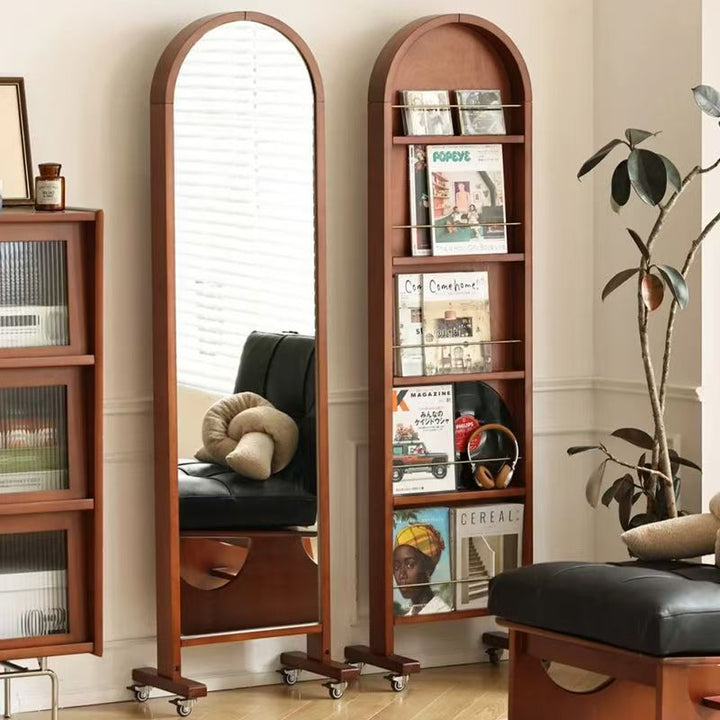 Zeitgemäßes Retro-Aufbewahrungsregal aus Massivholz, Sperrholz, Aluminiumlegierung und Glas in Bogenform, 5-stufige Aufbewahrung mit Spiegel und Rollen für Wohnzimmer und Schlafzimmer 