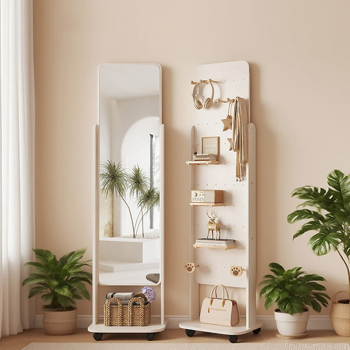 Espejo de pie de cuerpo entero de MDF moderno y minimalista con esquinas redondeadas y estante móvil con almacenamiento para sala de estar y dormitorio 