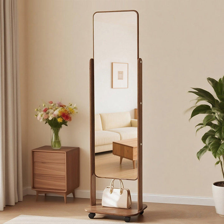 Espejo de pie de cuerpo entero de MDF moderno y minimalista con esquinas redondeadas y estante móvil con almacenamiento para sala de estar y dormitorio 