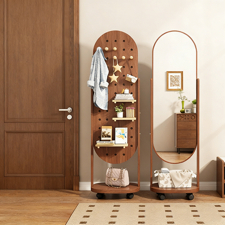 Espejo de pie de cuerpo entero de MDF moderno y minimalista con esquinas redondeadas y estante móvil con almacenamiento para sala de estar y dormitorio 
