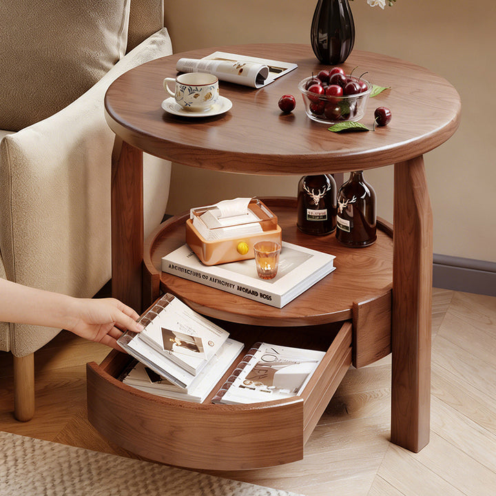 Modern Minimalist Solid Rubberwood &amp; Plywood Round Side Table With Drawer &amp; 2-Tier Storage For Living Room &amp; Bedroom