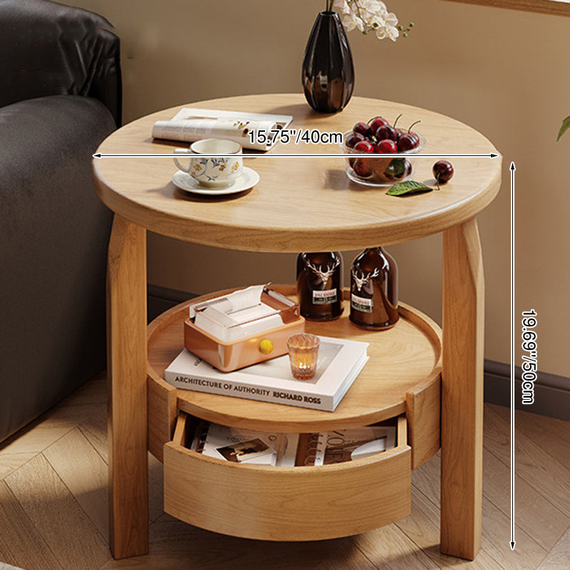 Modern Minimalist Solid Rubberwood &amp; Plywood Round Side Table With Drawer &amp; 2-Tier Storage For Living Room &amp; Bedroom
