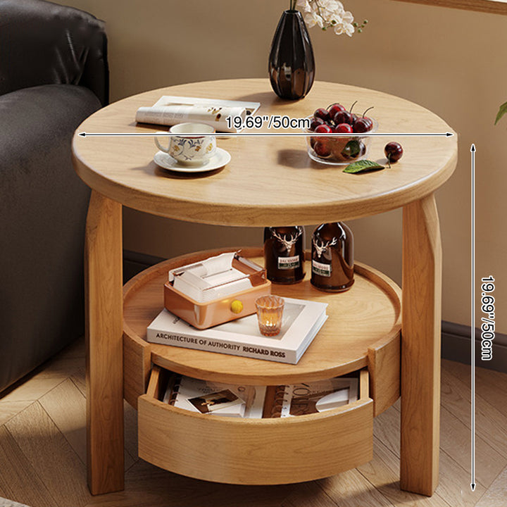 Modern Minimalist Solid Rubberwood &amp; Plywood Round Side Table With Drawer &amp; 2-Tier Storage For Living Room &amp; Bedroom