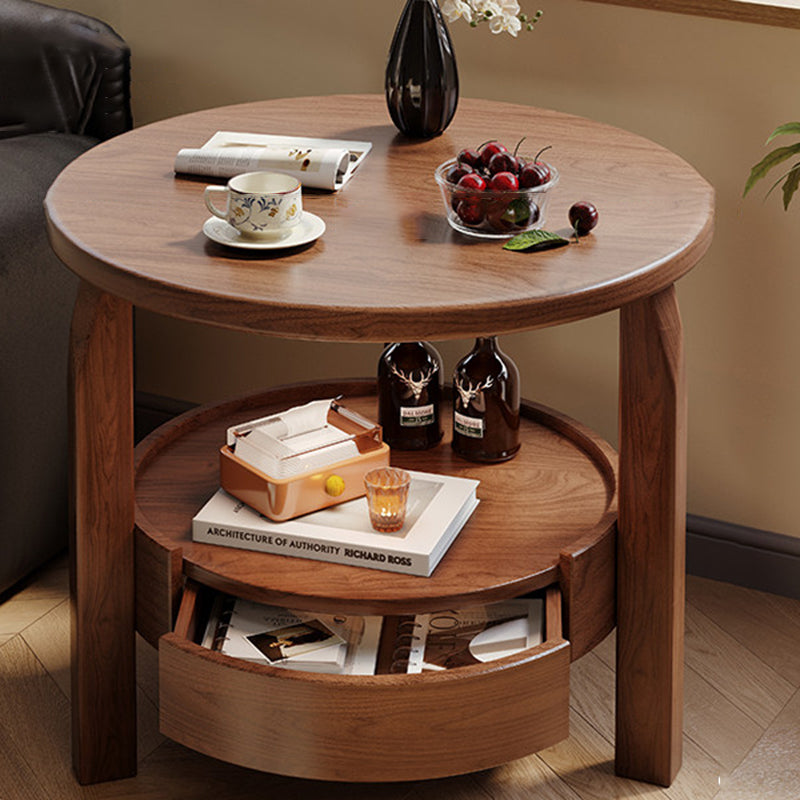 Modern Minimalist Solid Rubberwood &amp; Plywood Round Side Table With Drawer &amp; 2-Tier Storage For Living Room &amp; Bedroom