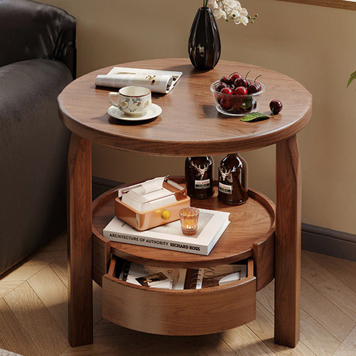 Modern Minimalist Solid Rubberwood & Plywood Round Side Table With Drawer & 2-Tier Storage For Living Room & Bedroom