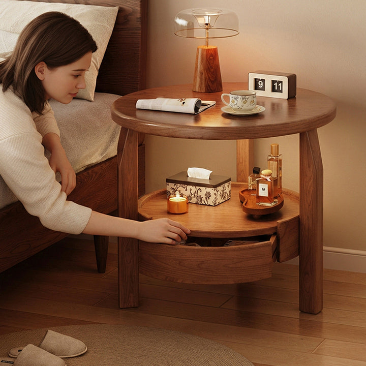 Modern Minimalist Solid Rubberwood & Plywood Round Side Table With Drawer & 2-Tier Storage For Living Room & Bedroom