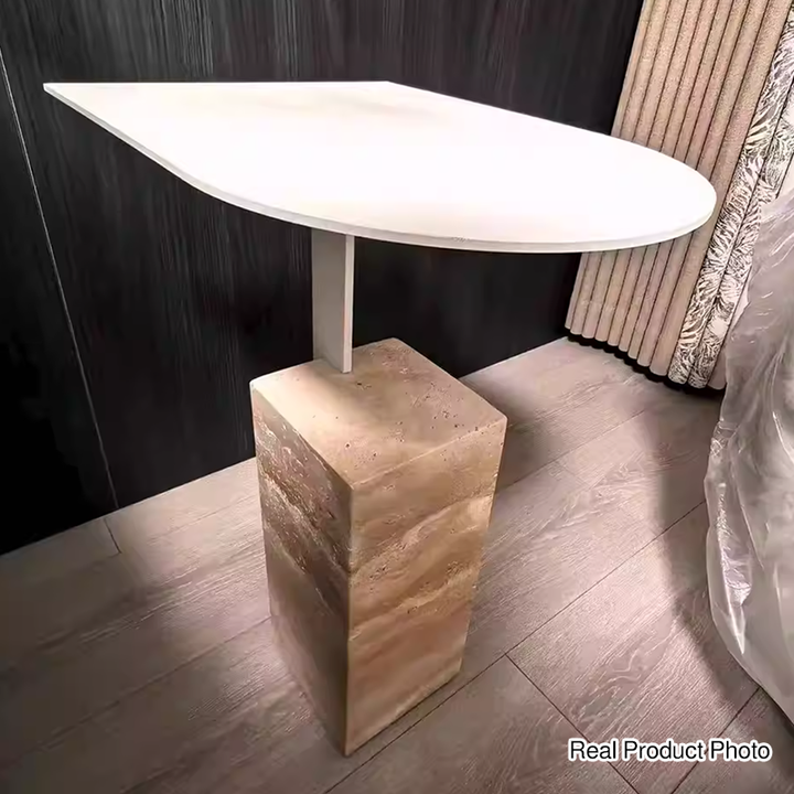 Contemporary Nordic Travertine Stone Steel Rounded Corner Side Table For Living Room &amp; Bedroom