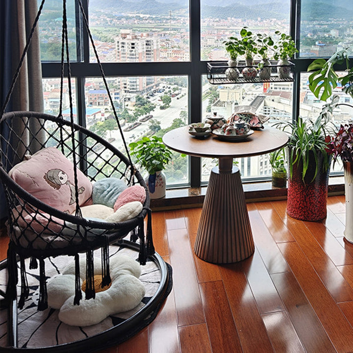 Zeitgemäßer runder Couchtisch im Retro-Stil aus Massivholz, Gummibaumholz und Sperrholz für Wohnzimmer, Esszimmer &amp; Balkon 