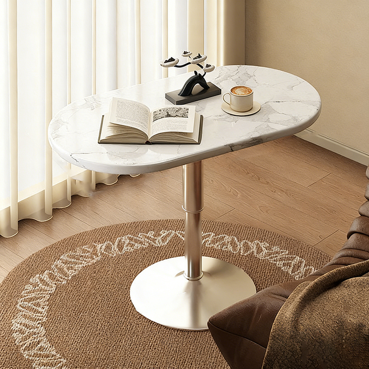 Moderner minimalistischer Beistelltisch mit ovaler Stahlkonstruktion, Steinplatten- und MDF-Tischplatte, höhenverstellbar und drehbarer Tischplatte, für Wohnzimmer & Schlafzimmer 