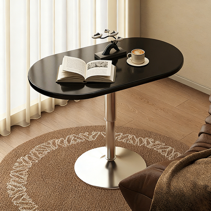 Moderner minimalistischer Beistelltisch mit ovaler Stahlkonstruktion, Steinplatten- und MDF-Tischplatte, höhenverstellbar und drehbarer Tischplatte, für Wohnzimmer & Schlafzimmer 