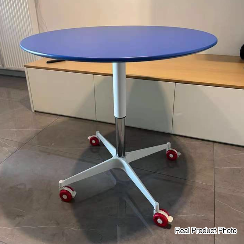 Contemporary Creative MDF Metal Hardware Round Coffee Table With Adjustable Height &amp; Rolling Wheels For Living Room, Balcony &amp; Café