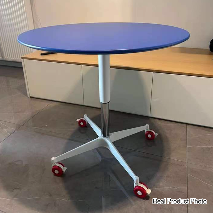 Contemporary Creative MDF Metal Hardware Round Coffee Table With Adjustable Height &amp; Rolling Wheels For Living Room, Balcony &amp; Café