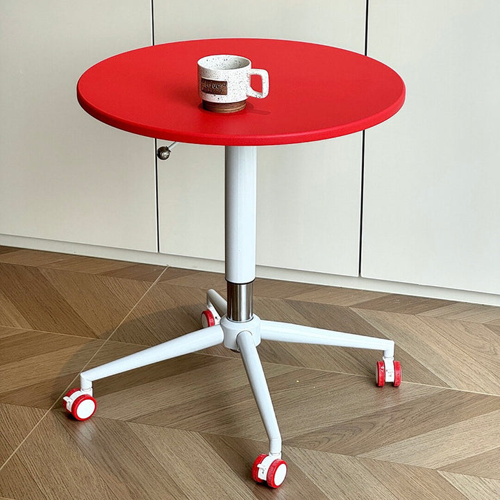 Contemporary Creative MDF Metal Hardware Round Coffee Table With Adjustable Height &amp; Rolling Wheels For Living Room, Balcony &amp; Café