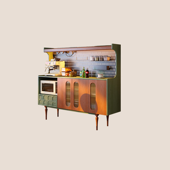Traditional French Ash Wood &amp; Plywood Sideboard Cabinet - 3 Door Storage Cabinet With Metal Pegboard, Drawer &amp; Glass Doors