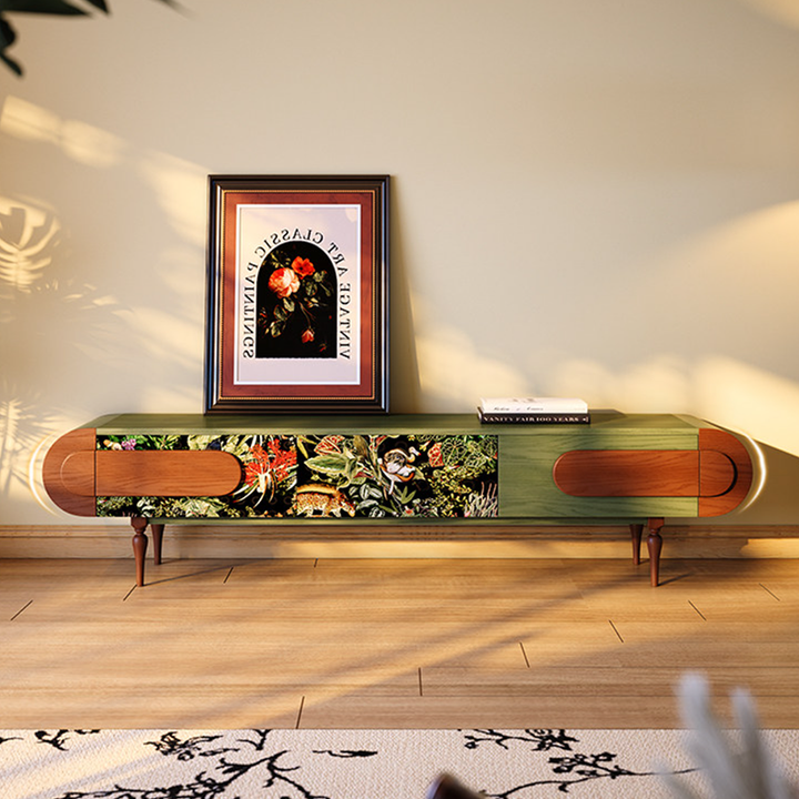 Traditional French Ash Wood & Plywood Velvet TV Stand - Retro Entertainment Console With 3 Drawers & Elevated Legs