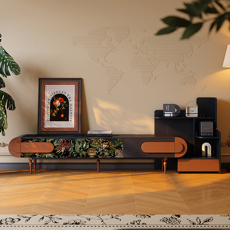 Traditional French Ash Wood &amp; Plywood Velvet TV Stand - Retro Entertainment Console With 3 Drawers &amp; Elevated Legs