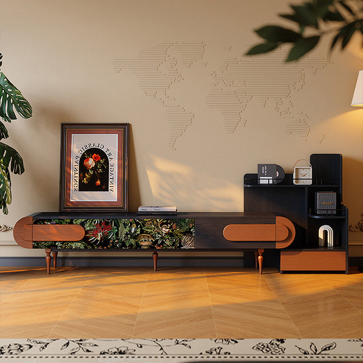 Traditional French Ash Wood &amp; Plywood Velvet TV Stand - Retro Entertainment Console With 3 Drawers &amp; Elevated Legs
