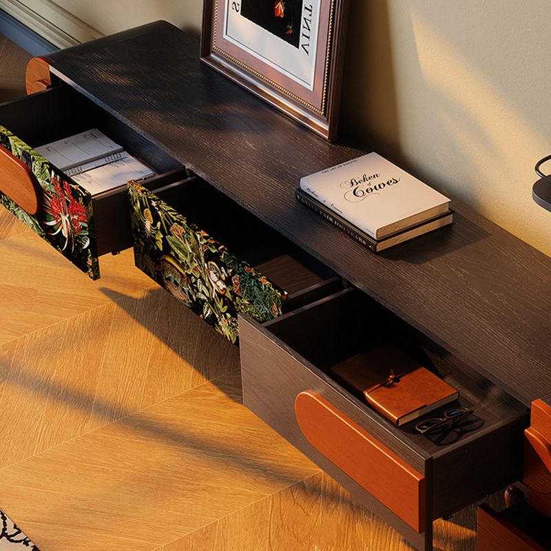 Traditional French Ash Wood &amp; Plywood Velvet TV Stand - Retro Entertainment Console With 3 Drawers &amp; Elevated Legs