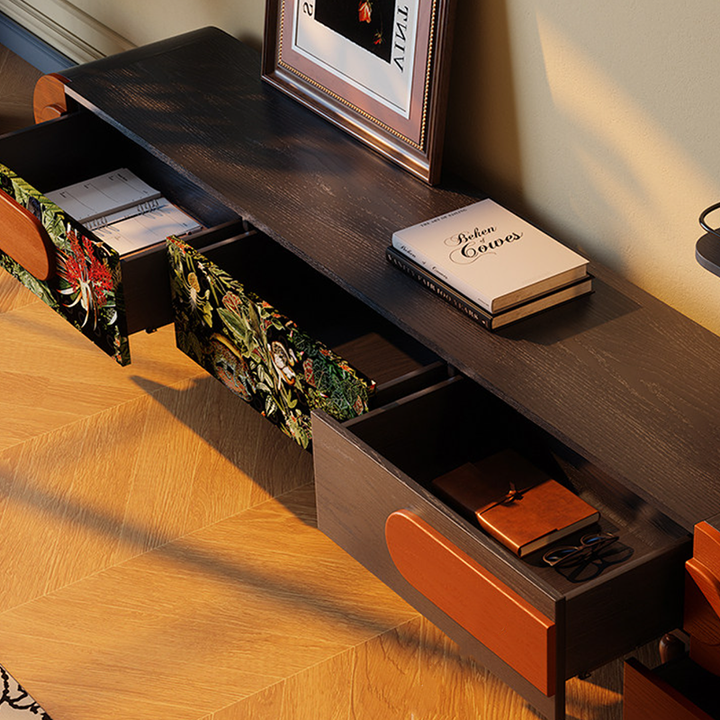 Traditional French Ash Wood &amp; Plywood Velvet TV Stand - Retro Entertainment Console With 3 Drawers &amp; Elevated Legs