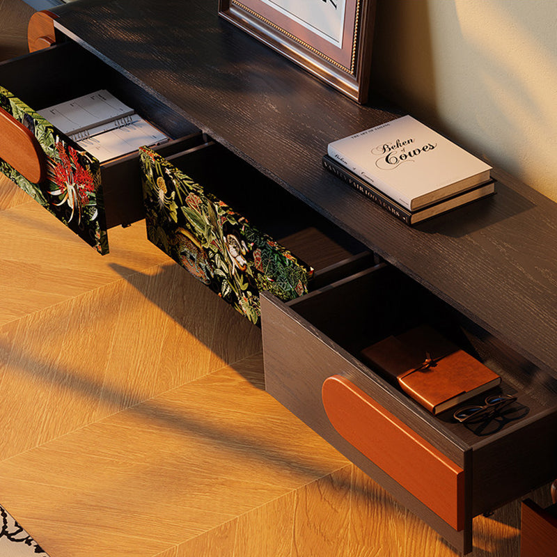 Traditional French Ash Wood &amp; Plywood Velvet TV Stand - Retro Entertainment Console With 3 Drawers &amp; Elevated Legs