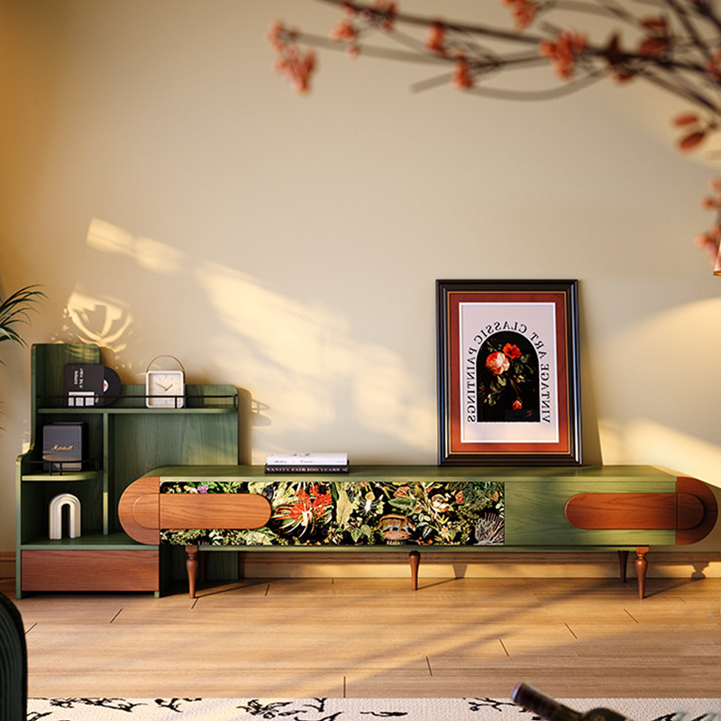 Traditional French Ash Wood &amp; Plywood Velvet TV Stand - Retro Entertainment Console With 3 Drawers &amp; Elevated Legs