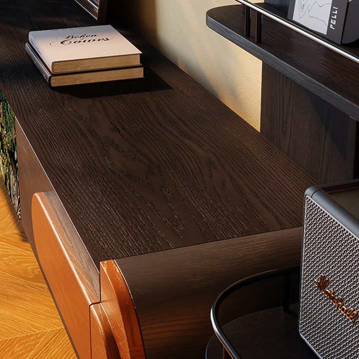 Traditional French Ash Wood &amp; Plywood Velvet TV Stand - Retro Entertainment Console With 3 Drawers &amp; Elevated Legs