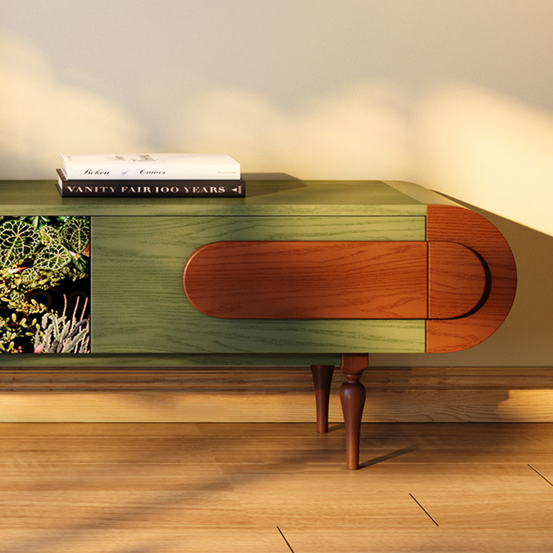 Traditional French Ash Wood &amp; Plywood Velvet TV Stand - Retro Entertainment Console With 3 Drawers &amp; Elevated Legs