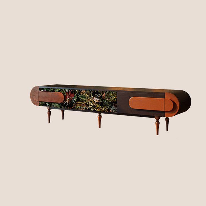 Traditional French Ash Wood &amp; Plywood Velvet TV Stand - Retro Entertainment Console With 3 Drawers &amp; Elevated Legs