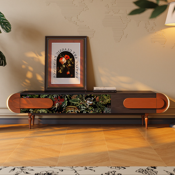 Traditional French Ash Wood & Plywood Velvet TV Stand - Retro Entertainment Console With 3 Drawers & Elevated Legs