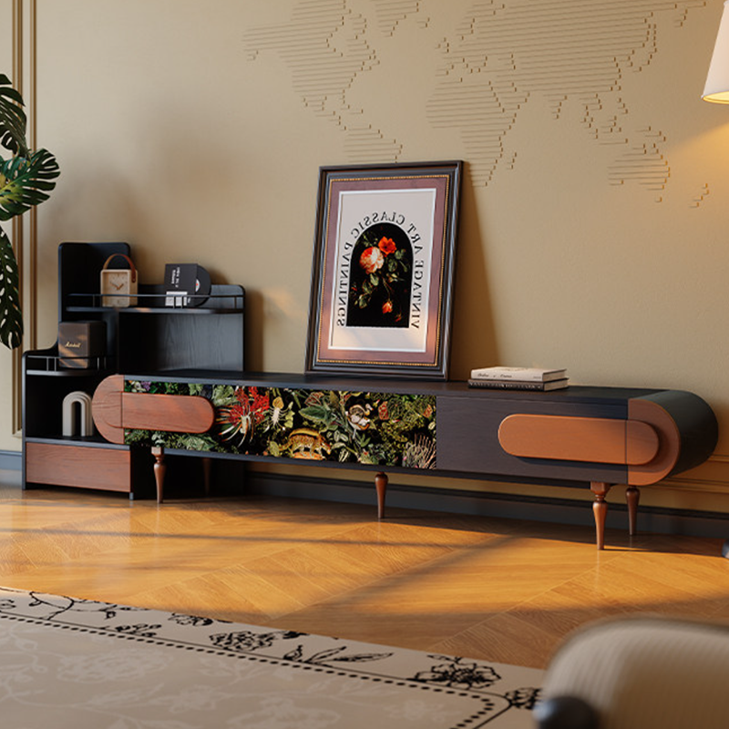 Traditional French Ash Wood &amp; Plywood Velvet TV Stand - Retro Entertainment Console With 3 Drawers &amp; Elevated Legs