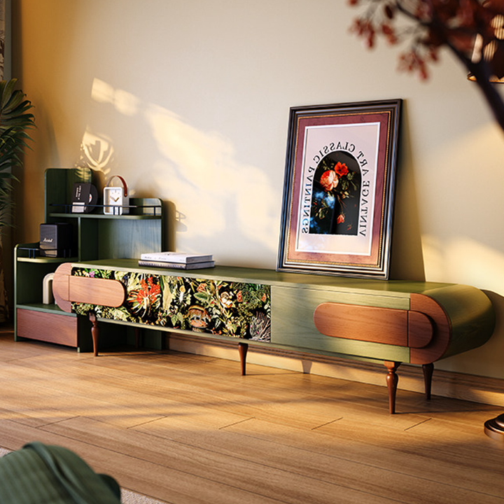 Traditional French Ash Wood & Plywood Velvet TV Stand - Retro Entertainment Console With 3 Drawers & Elevated Legs