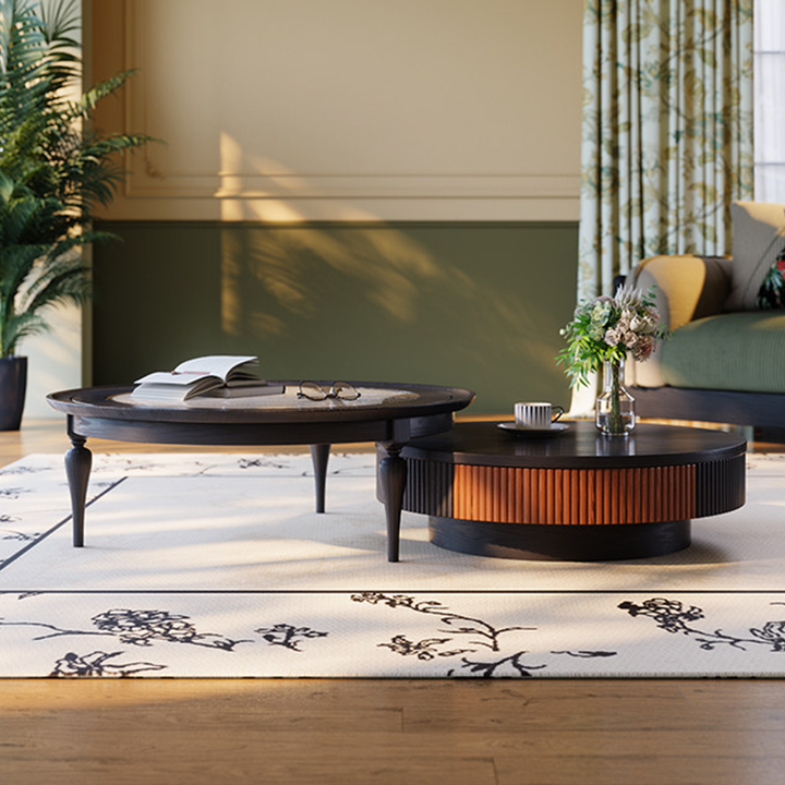 Premium Vintage French Ash Wood &amp; Plywood Coffee Table - Tall Glass Table &amp; Low Storage Tea Table Duo