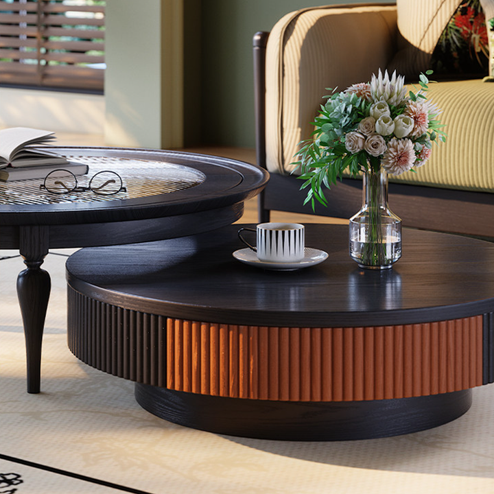 Premium Vintage French Ash Wood &amp; Plywood Coffee Table - Tall Glass Table &amp; Low Storage Tea Table Duo