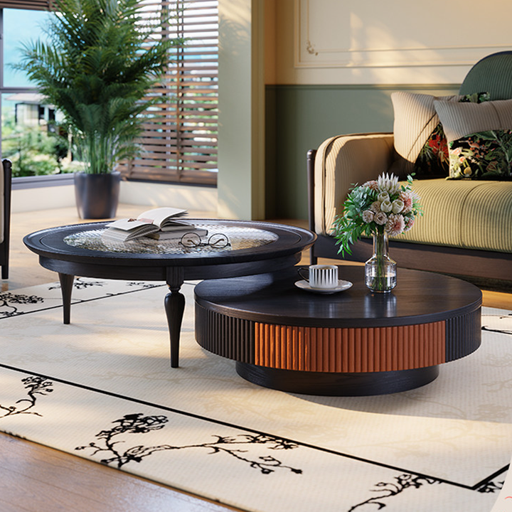 Premium Vintage French Ash Wood & Plywood Coffee Table - Tall Glass Table & Low Storage Tea Table Duo