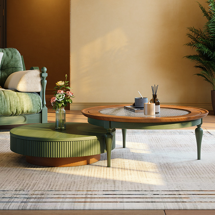 Premium Vintage French Ash Wood & Plywood Coffee Table - Tall Glass Table & Low Storage Tea Table Duo