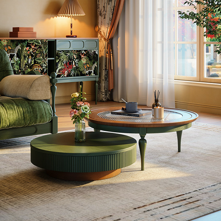 Premium Vintage French Ash Wood & Plywood Coffee Table - Tall Glass Table & Low Storage Tea Table Duo