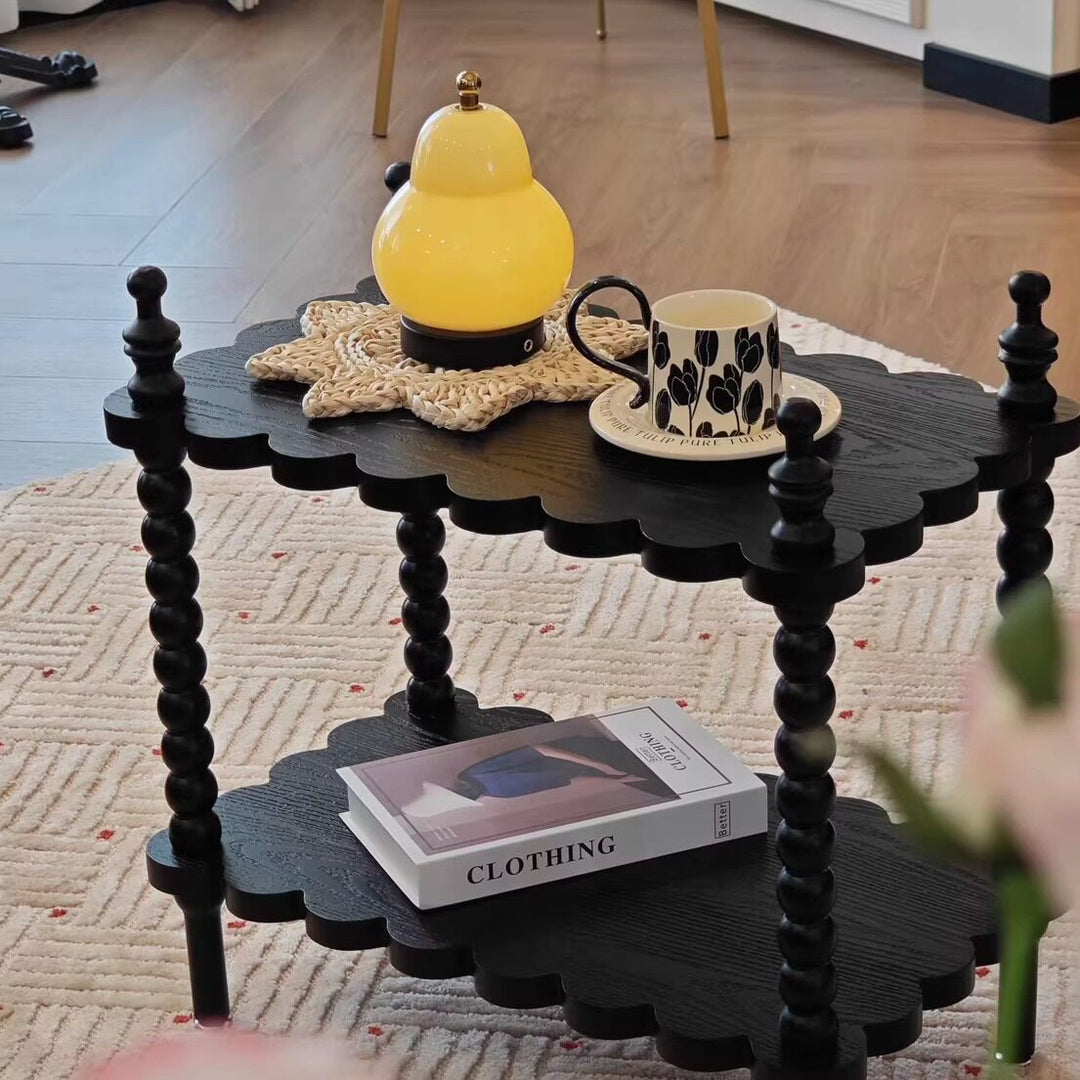 Moderner Retro-Beistelltisch aus Massivholz in Wellenform mit 2-stufigem Stauraum für Wohnzimmer &amp; Schlafzimmer 