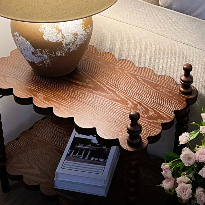 Moderner Retro-Beistelltisch aus Massivholz in Wellenform mit 2-stufigem Stauraum für Wohnzimmer &amp; Schlafzimmer 