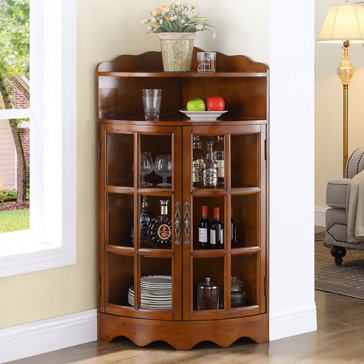 Traditional European Solid Wood & Plywood Glass Metal Triangular Corner Storage Cabinet With 5-Tier Double Doors For Living Room