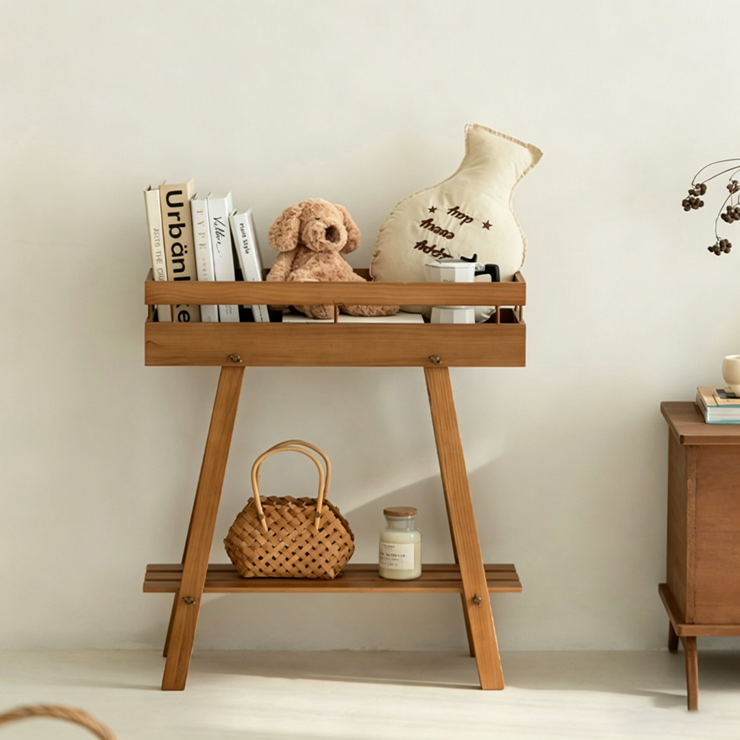 Modern Minimalist Solid Pine Wood Rectangular 2-Tier Shelving Unit &amp; Storage Shelf For Living Room