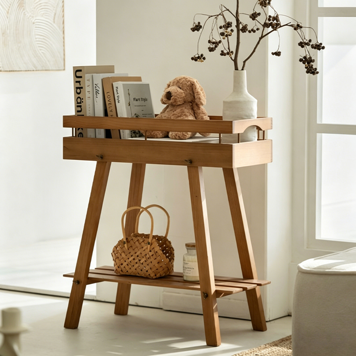 Modern Minimalist Solid Pine Wood Rectangular 2-Tier Shelving Unit &amp; Storage Shelf For Living Room