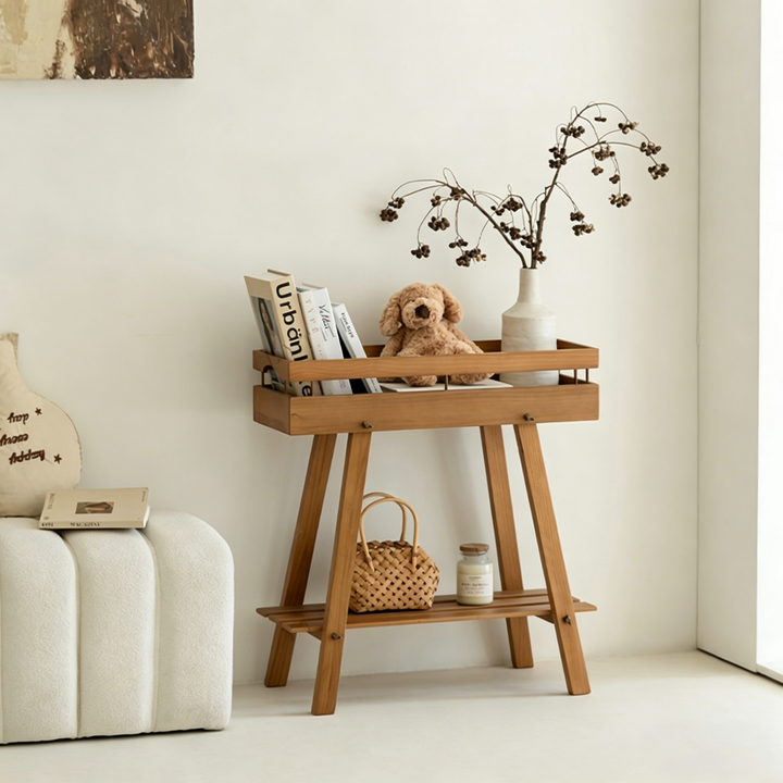 Modern Minimalist Solid Pine Wood Rectangular 2-Tier Shelving Unit &amp; Storage Shelf For Living Room