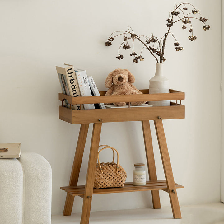 Modern Minimalist Solid Pine Wood Rectangular 2-Tier Shelving Unit &amp; Storage Shelf For Living Room