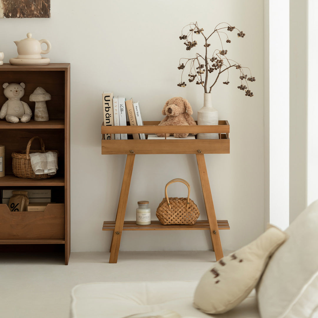 Modern Minimalist Solid Pine Wood Rectangular 2-Tier Shelving Unit &amp; Storage Shelf For Living Room