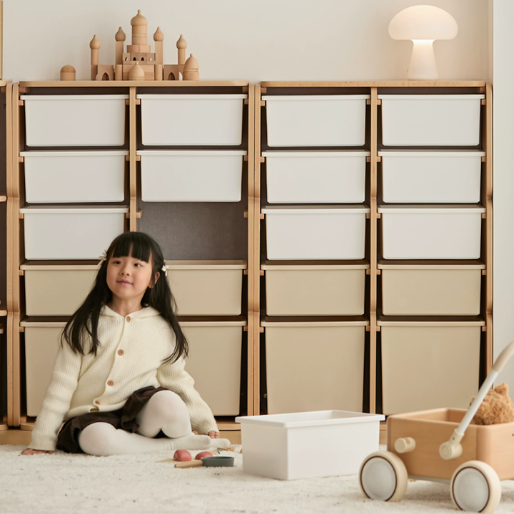 Modern Minimalist Solid Beech Wood PP Felt Kids Storage Cabinet With 10 Drawers - Montessori Toy Organizer & Large Capacity Nursery Storage Shelf