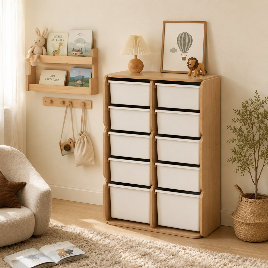 Modern Minimalist Solid Beech Wood PP Felt Kids Storage Cabinet With 10 Drawers - Montessori Toy Organizer &amp; Large Capacity Nursery Storage Shelf
