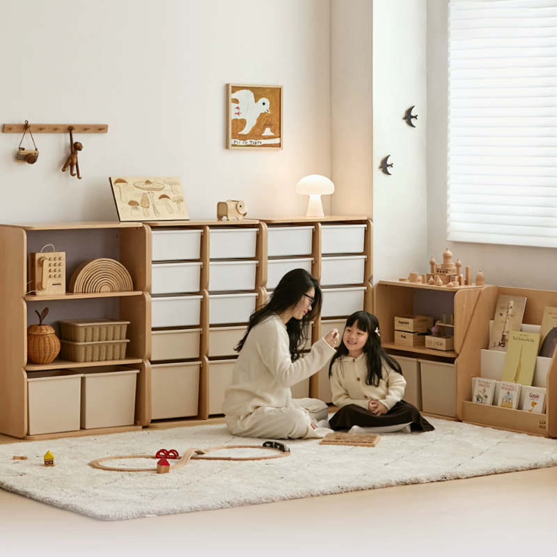 Modern Minimalist Solid Beech Wood PP Felt Kids Storage Cabinet With 10 Drawers - Montessori Toy Organizer &amp; Large Capacity Nursery Storage Shelf