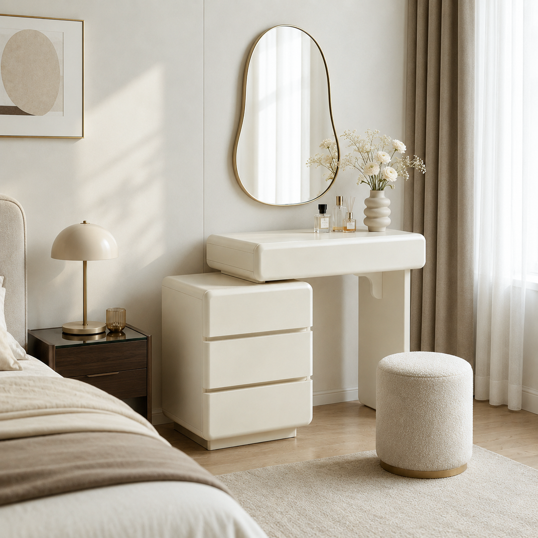 Contemporary Nordic Extendable MDF Vanity Desk With 4 Drawers - White Makeup Dressing Table For Bedroom